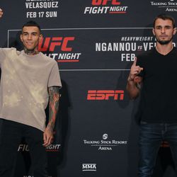 Andre Fili and Myles Jury pose on stag Friday at UFC Phoenix media day.