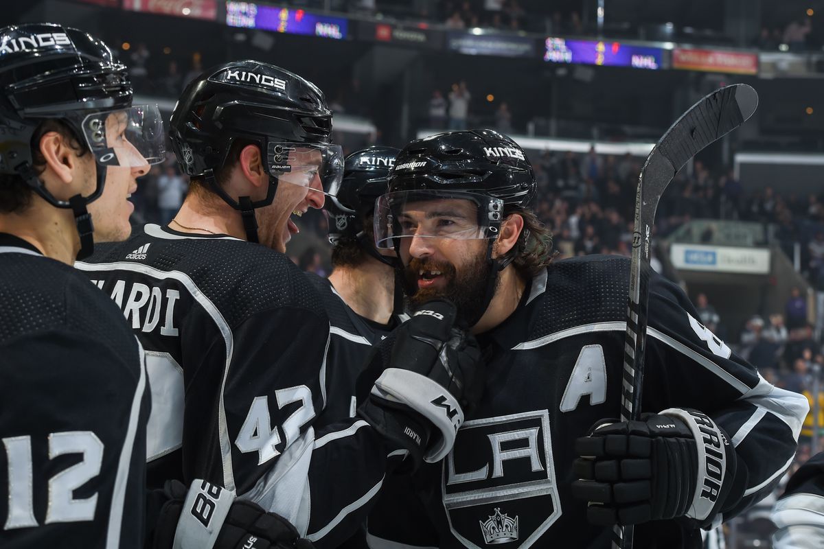 Gabriel Vilardi #42 of the Los Angeles Kings and Drew Doughty #8 celebrate during the third period against the Ottawa Senators at STAPLES Center on March 11, 2020 in Los Angeles, California.