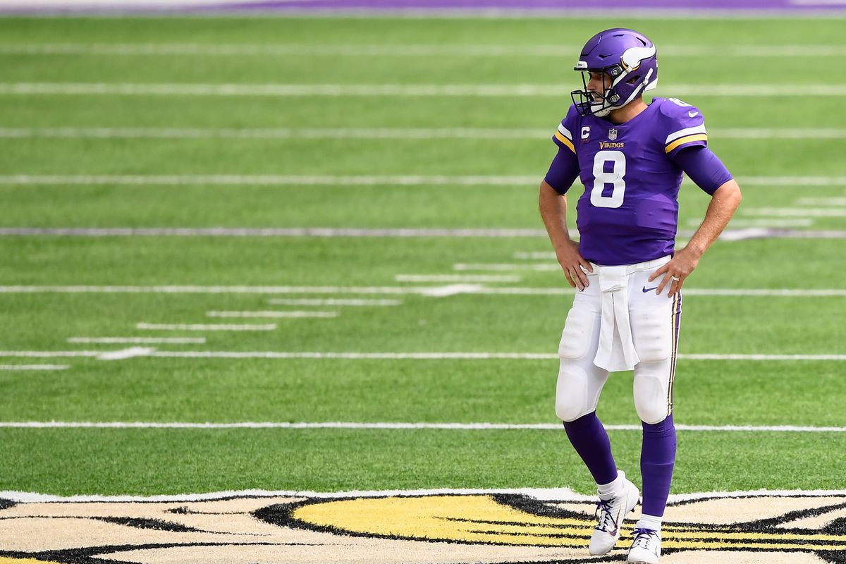 Kirk Cousins of the Minnesota Vikings looks on during the second quarter of the game against the Green Bay Packers at U.S. Bank Stadium on September 13, 2020 in Minneapolis, Minnesota. The Packers defeated the Vikings 43-34.