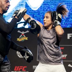 Maycee Barber throws an elbow at the UFC Denver open workouts.