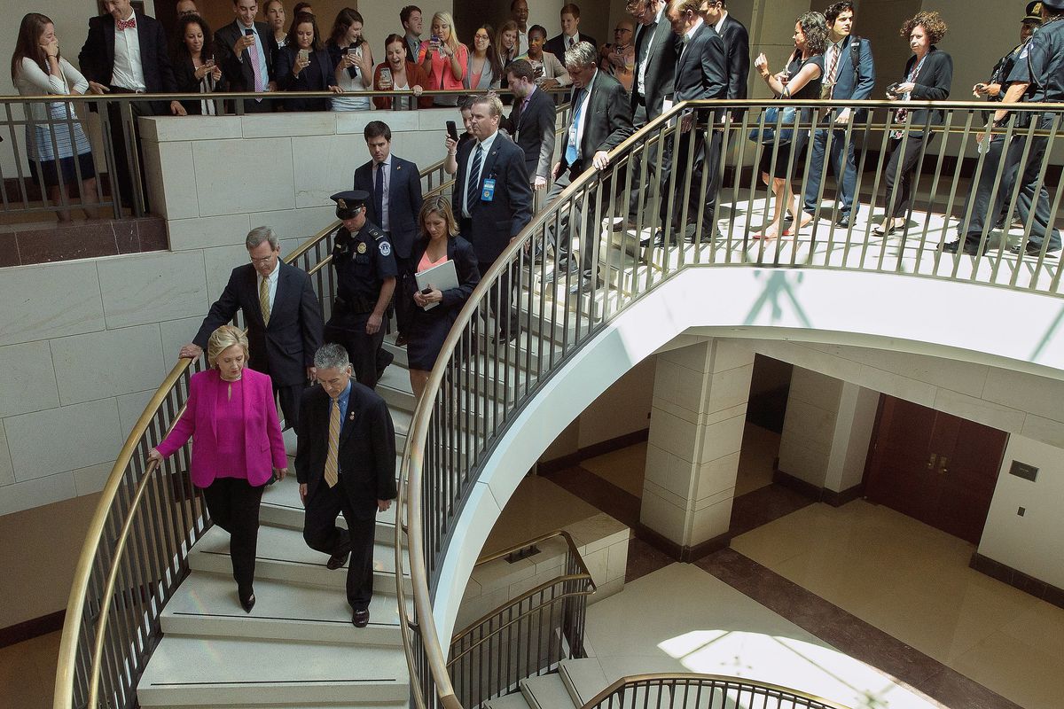Democratic presidential candidate and former Secretary of State Hillary Clinton heads to a meeting with the Congressional Progressive Caucus at the US Capitol July 14, 2015, in Washington, DC. 