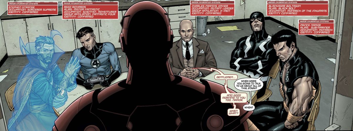 Doctor Strange, Mister Fantastic, Iron Man, Professor Xavier, Black Bolt, and Namor — the Illuminati — sit around a table in New Avengers #7 (2005). 