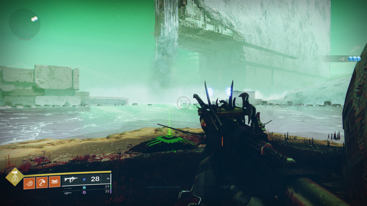 The Guardian stands near a treasure mound, overlooking a sea of Radiolarian Fluid on Nessus