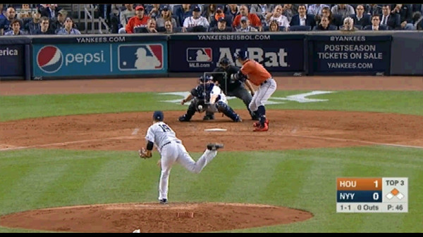 Brian McCann, meanwhile, maintains poor body control and balance.  Note that his head is only partially within the strike zone on a pitch with very similar location, compared to Castro's head - which is entirely within the strike zone.