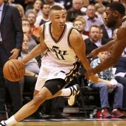 Utah Jazz guard Dante Exum dribbles the ball during the game against New Orleans Pelicans in the Energy Solutions Arena Saturday, Nov. 22, 2014, in Salt Lake City. 