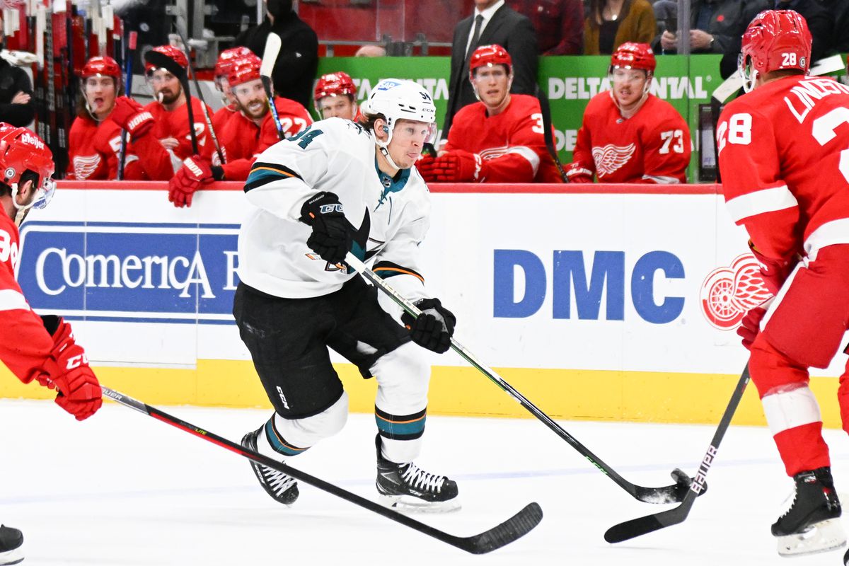 San Jose Sharks left wing Alexander Barabanov (94) rushes into the offensive end during the game between the Detroit Red Wings and the San Jose Sharks on Tuesday January 4, 2022 at Little Caesars Arena in Detroit, MI.