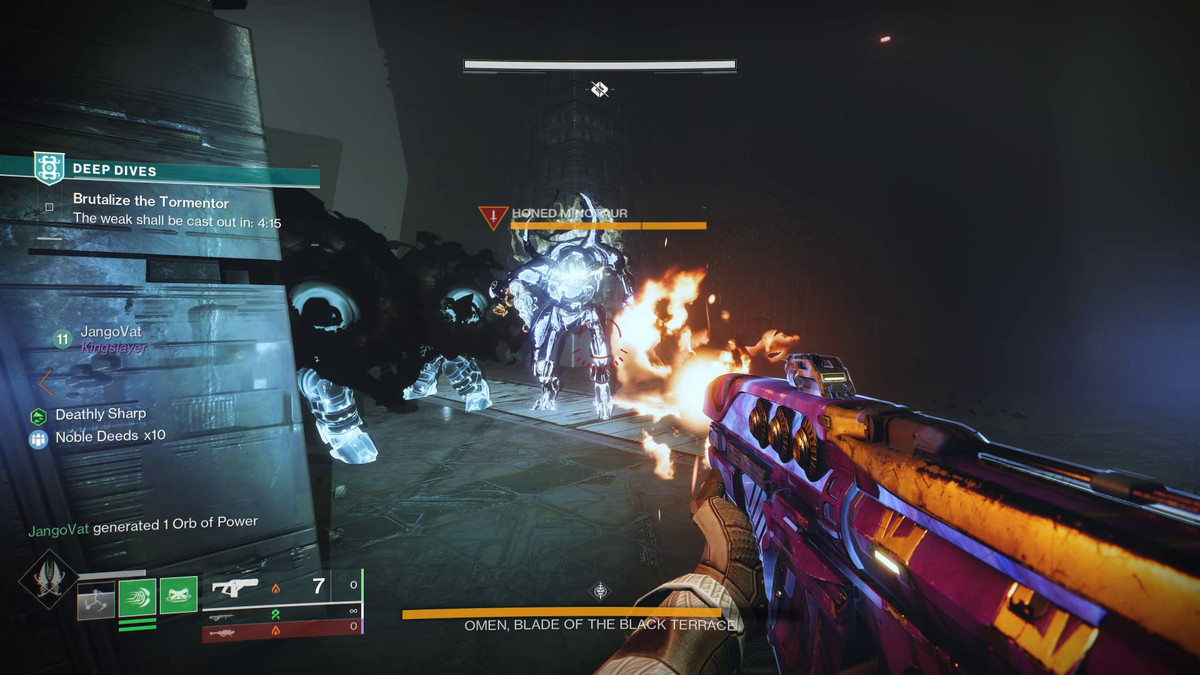 A Guardian blasts a Honed Minotaur during the Omen boss fight in the Whetstone mission in Destiny 2: Season of the Deep