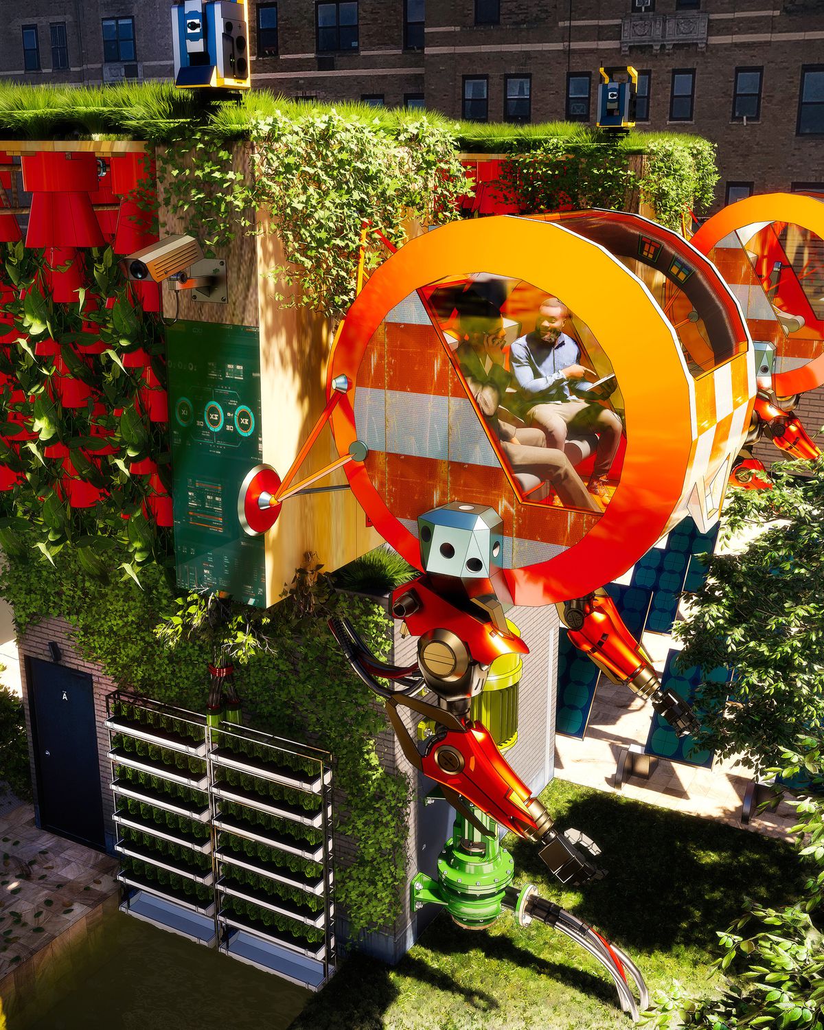 A rooftop turned into a lush farm with two people sitting in a robotic harvesting device