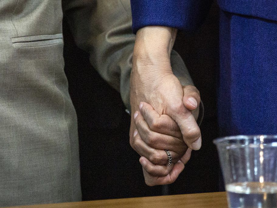Mayor-elect Lori Lightfoot, left, holds hands with former mayoral candidate Cook County Board President Toni Preckwinkle during a prayer at a press conference at the Rainbow PUSH organization on April 3. File Photo. (Ashlee Rezin/Chicago Sun-Times)