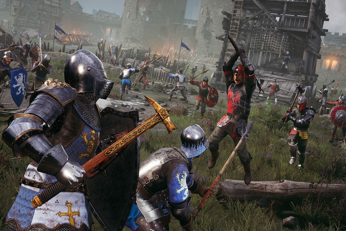 An armored knight in blue armor readies their shield and hammer as an enemy knight in red armor leaps towards them holding a halberd.