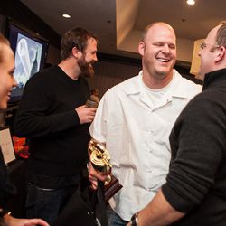 Winner Scott Drewno talking to outgoing Westend Bistro chef Joe Palma