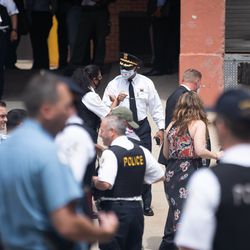 Chicago Police Supt. David Brown and other officers walk outside Advocate Illinois Masonic Medical Center after an officer was shot at the 25th District police station on the Northwest Side, Thursday, July 30, 2020.