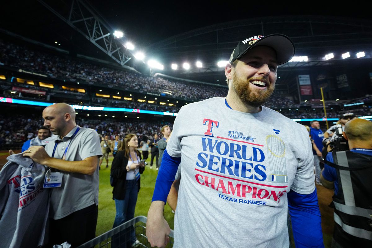 Jordan Montgomery of the Texas Rangers celebrates after winning against the Arizona Diamondbacks in Game 5 of the 2023 World Series at Chase Field on Wednesday, November 1, 2023 in Phoenix, Arizona. The Texas Rangers won the World Series 5-0.