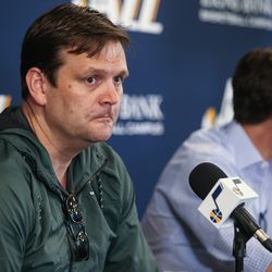 Utah Jazz general manager Dennis Lindsey and head coach Quin Snyder talk to journalists at the Zions Bank Basketball Center in Salt Lake City on Wednesday, May 9, 2018.