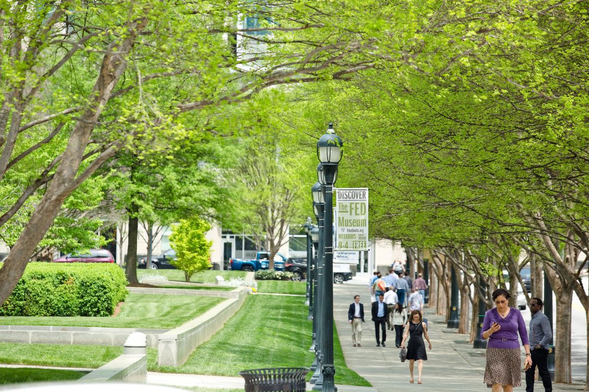 People walking along a sidewalk lined with trees. 