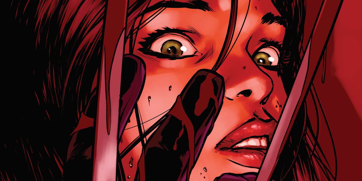 Laura Kinney/X-23 looks horrified at her own bloodied claws, on the cover of All-New Wolverine #13, Marvel Comics (2016). 