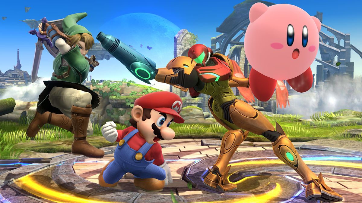 Four characters: Link from The Legend of Zelda series, Mario from Super Mario Bros., Samus Aran from Metroid, and Kirby from the Kirby series clashing with one another in Super Smash Bros. Brawl.
