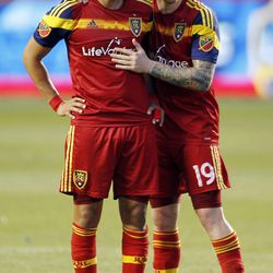 Real Salt Lake midfielder Javier Morales (11) shares a laugh with defender Luke Mulholland (19) before a free kick against Orlando City SC at Rio Tinto Stadium in Sandy, UT, on Saturday, July 4, 2015. The game ended in a 1-1 draw.