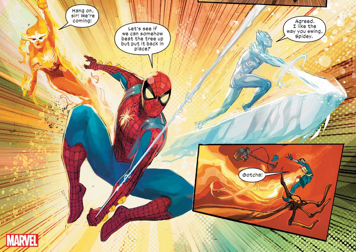 Spider-Man, Iceman, and Firestar spring into action, sharing some banter as they go to rescue a man from a giant wood-looking hand