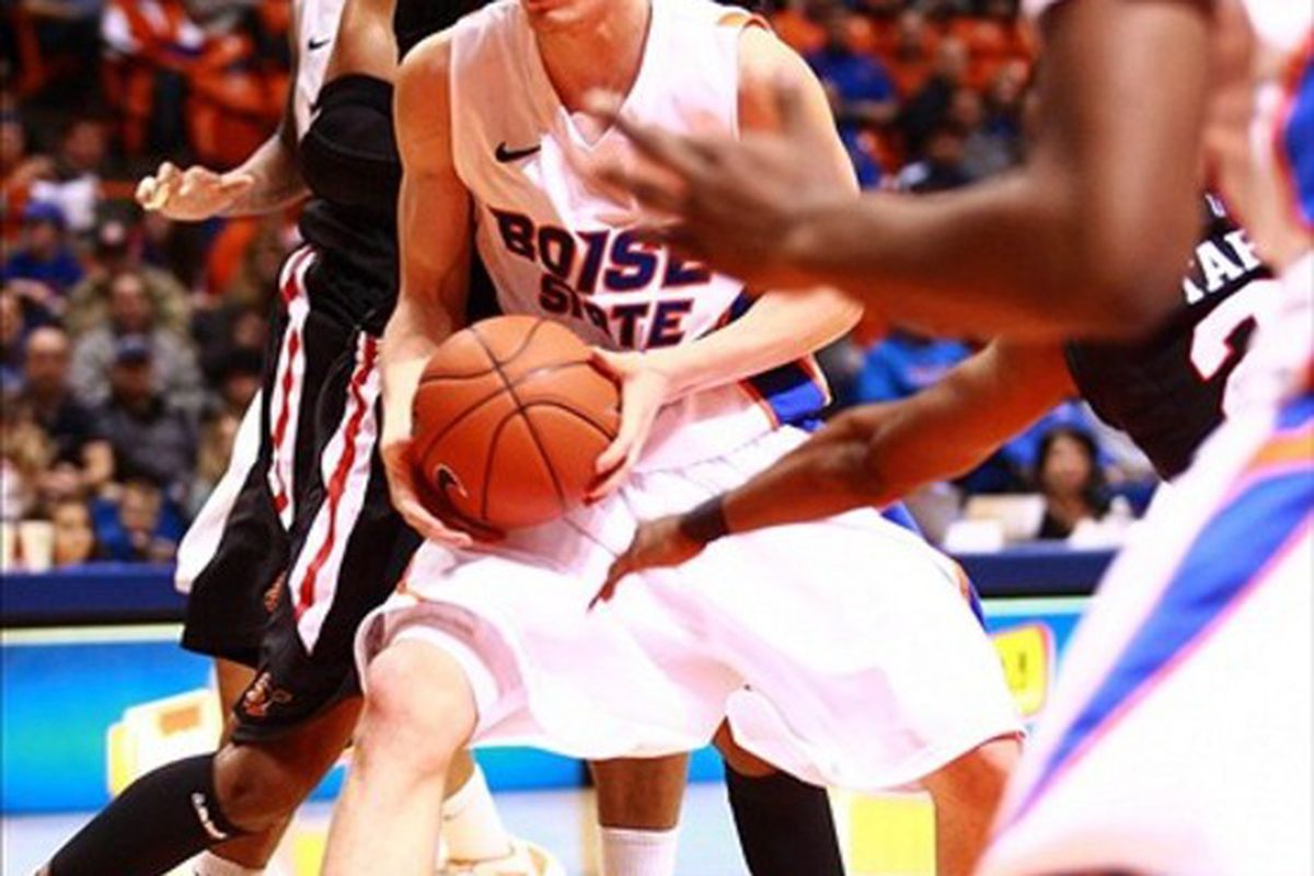 Feb 29, 2012; Boise, ID, USA; Boise State Broncos guard/forward Anthony Drmic (3) drives the lane during the second half of the game against the San Diego State Aztecs at Taco Bell Arena. Mandatory Credit: Brian Losness-US PRESSWIRE