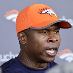New head coach Vance Joseph meets with the media after the first day of Denver Broncos training camp. 