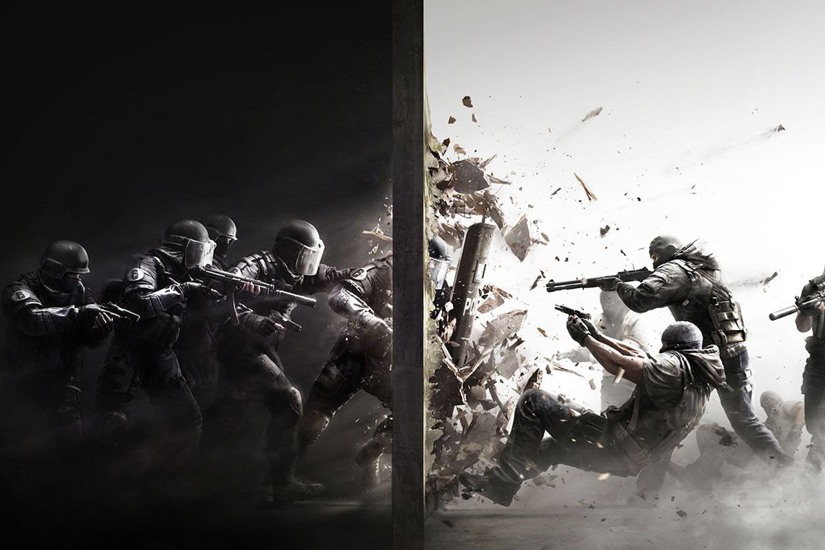 Black and white image of Rainbow Six Siege soldiers busting through wall