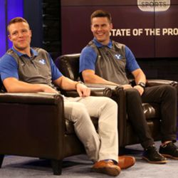 Quarterbacks Taysom Hill and Tanner Mangum answer questions during BYU Media Day at BYU Broadcasting in Provo on Thursday, June 30, 2016.  
