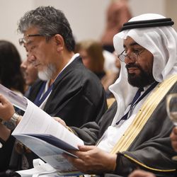 Abdullah Al Lheedan, right,  from Saudi Arabia attend at the G20 Interfaith Forum in Buenos Aires, Argentina,  Sunday, Sep 26, 2018. (AP Photo/Gustavo Garello)
