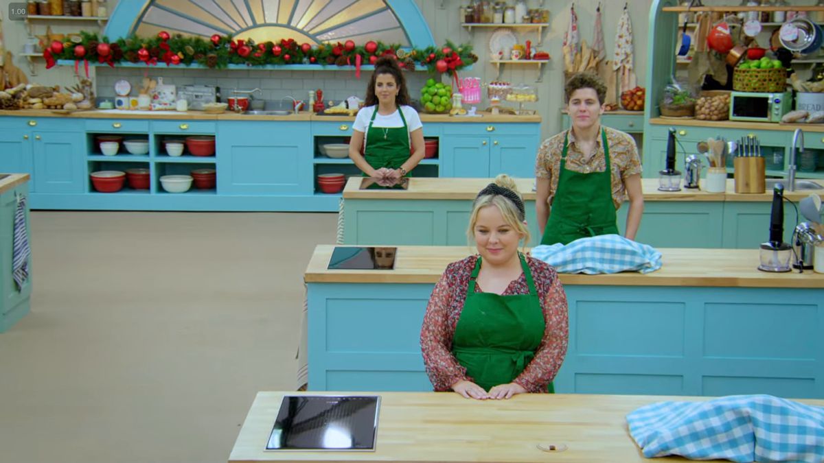 The cast of Derry Girls in the famous white tent of Great British Bake Off.