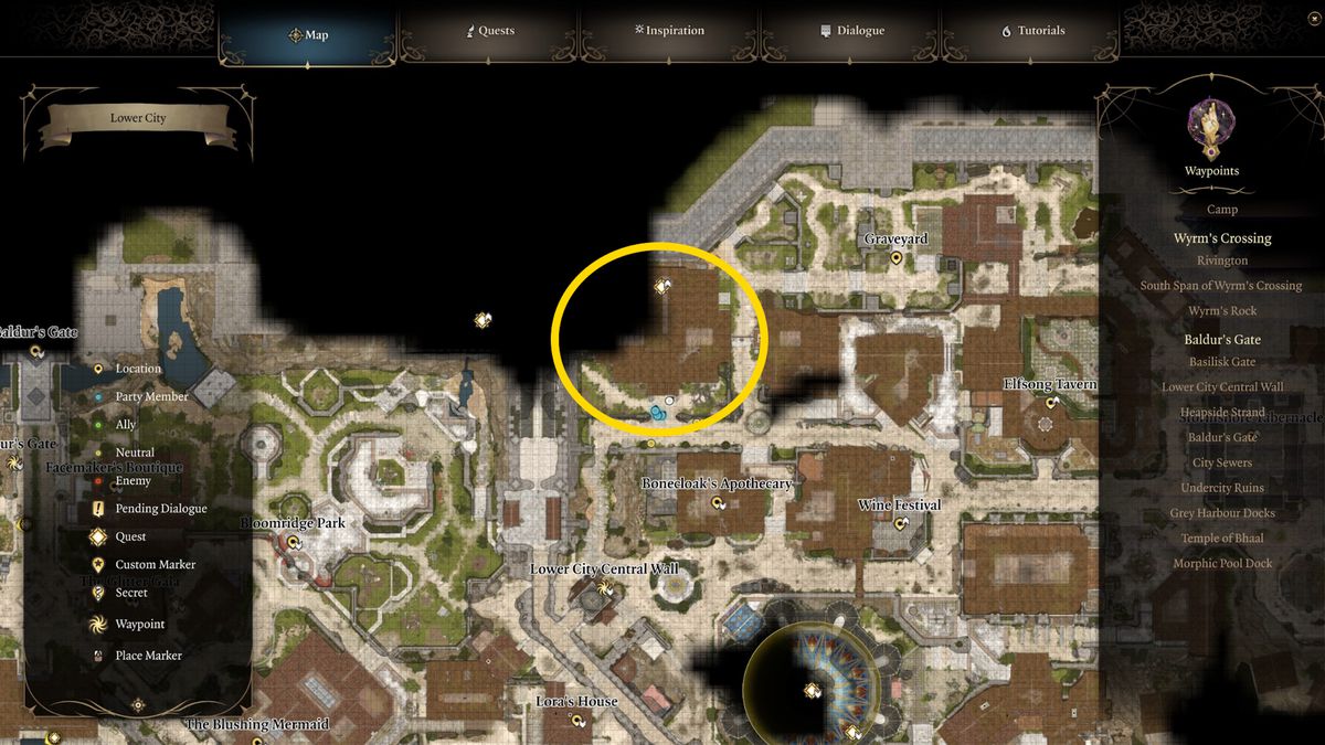 A map shows the location of Helsik the diabolist in Baldur’s Gate 3 on where to find the House of Hope.
