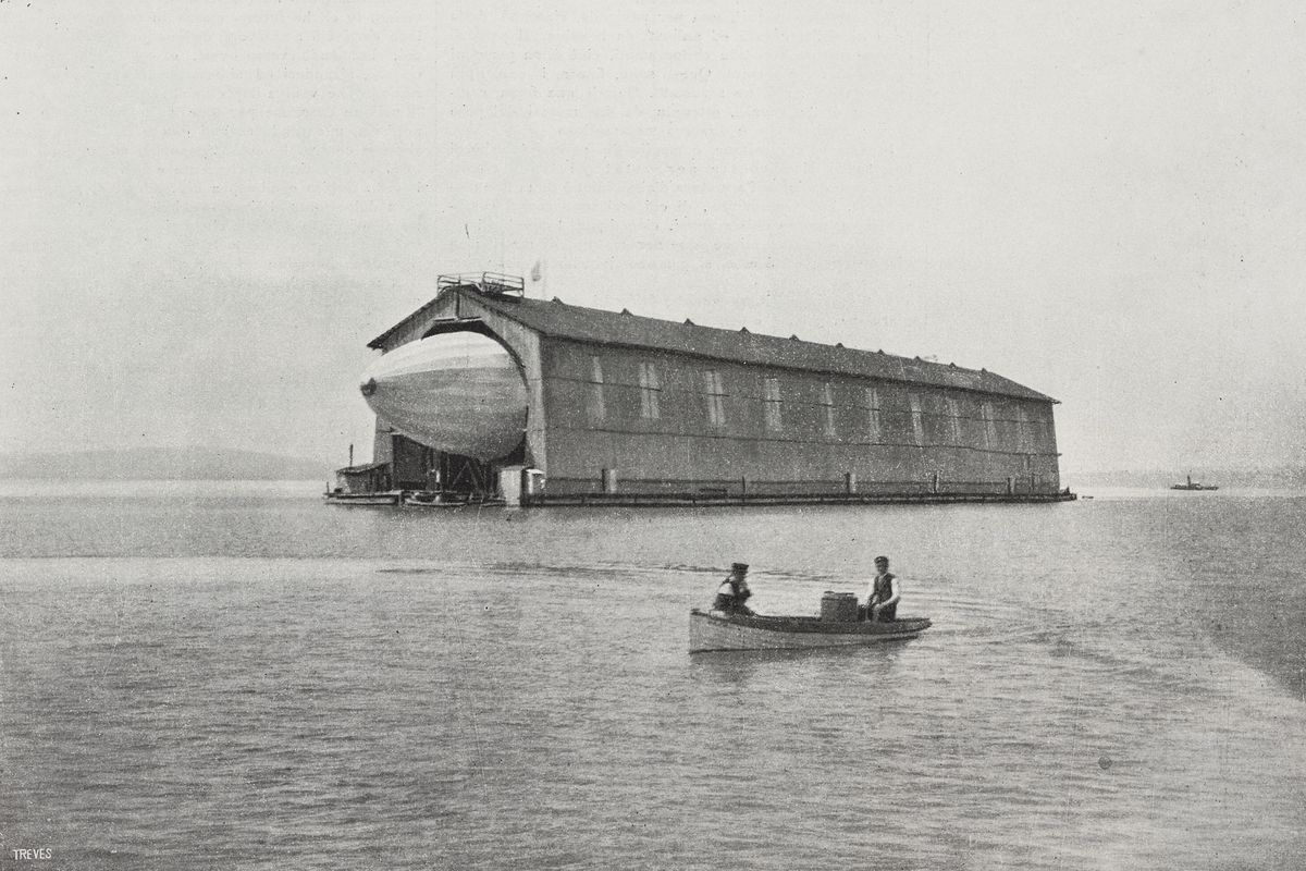 Dirigible balloon in shed, Zeppelin airship