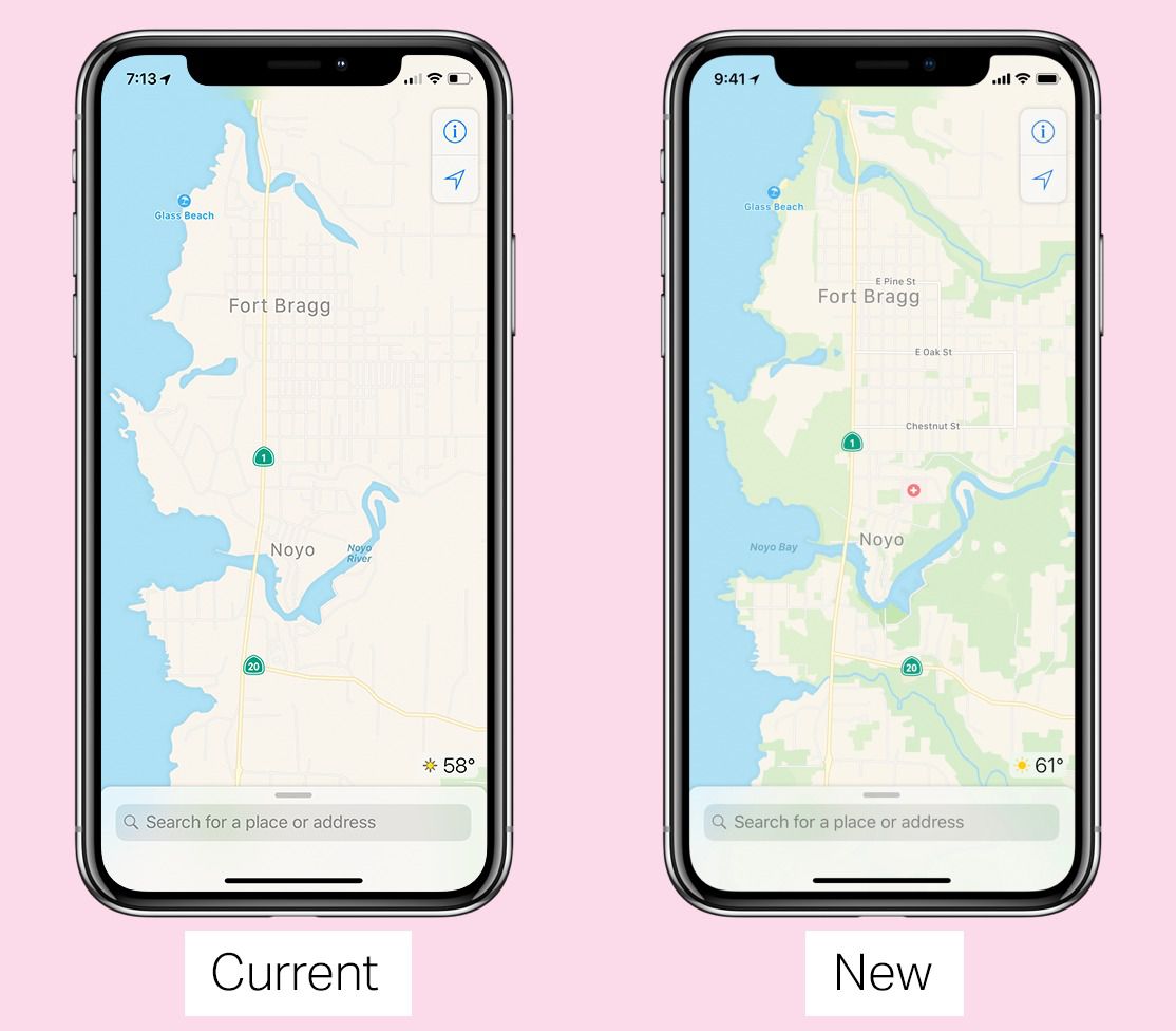Capturas de pantalla de dos iPhones que comparan el diseño del mapa antiguo de Apple con el nuevo, que tiene muchos más detalles.