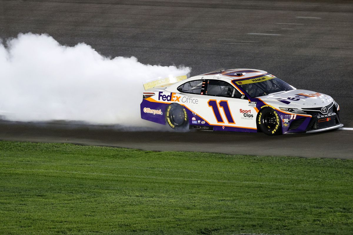 &nbsp;Denny Hamlin, driver of the #11 FedEx Office Toyota, celebrates with a burnout after winning the NASCAR Cup Series South Point 400 at Las Vegas Motor Speedway on September 26, 2021 in Las Vegas, Nevada.