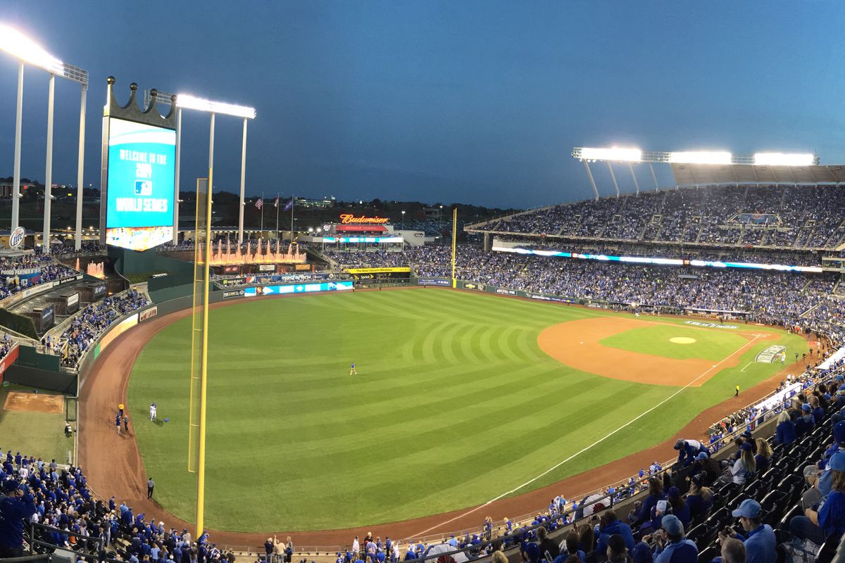 A panorama photo of Kauffman Stadium before the start of Game 2 of baseball’s World Series between the San Francisco Giants and the Kansas City Royals in Kansas City, Mo., on Wednesday, Oct. 22, 2014. (Jose Carlos Fajardo/Bay Area News Group)