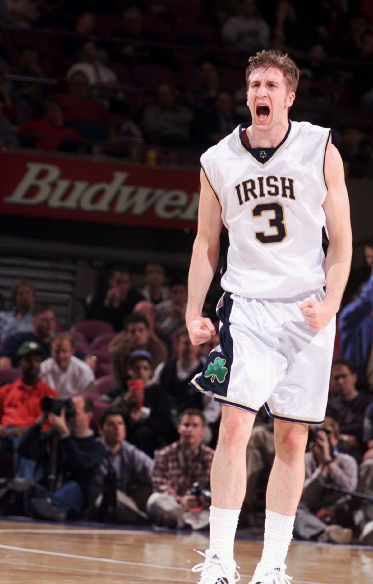 Notre Dame’s Troy Murphy reacts to making a 3-point shot dur
