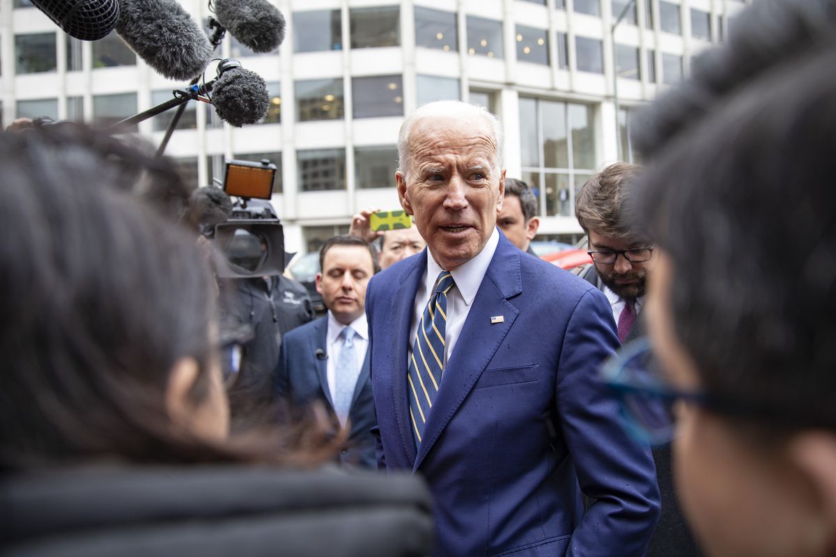 Former Vice President Joe Biden speaks to the media at the International Brotherhood of Electrical Workers Construction and Maintenance conference on April 05, 2019 in Washington, DC