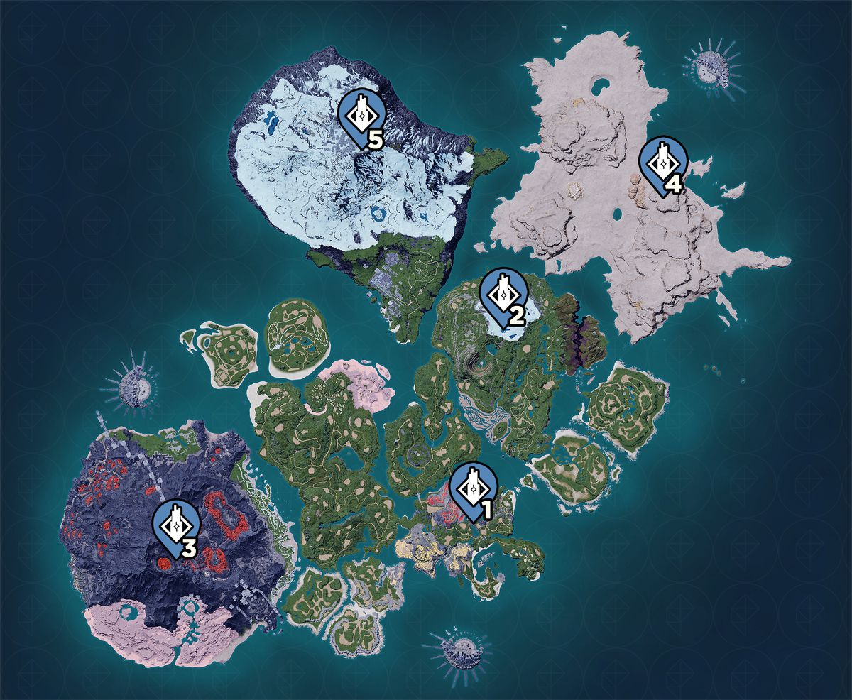 A map marking the locations of all the towers in Palworld
