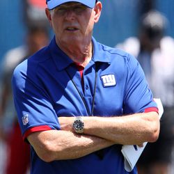 Head coach Tom Coughlin watches practice