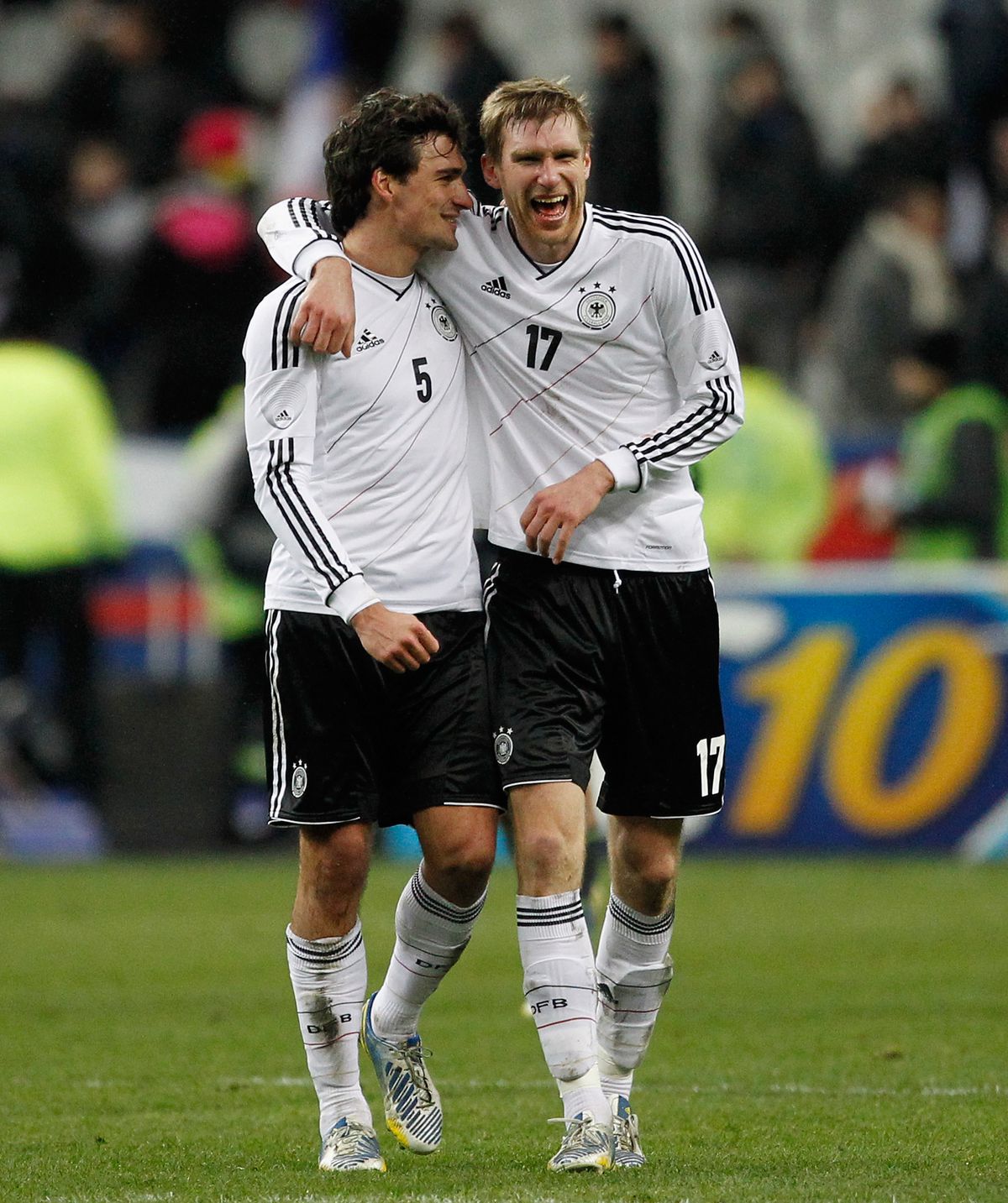 France v Germany - International Friendly
PARIS, FRANCE - FEBRUARY 06: Mats Hummels (L) and Per Mertesacker of Germany react after winning the international friendly match between France and Germany at Stade de France on February 6, 2013 in Paris, France