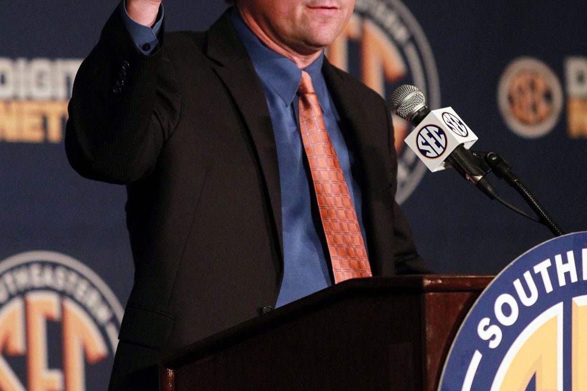 July 18, 2012; Hoover, AL, USA;  Florida Gators head coach Will Muschamp speaks during a press conference at the 2012 SEC media days event at the Wynfrey Hotel.   Mandatory Credit: Marvin Gentry-US PRESSWIRE