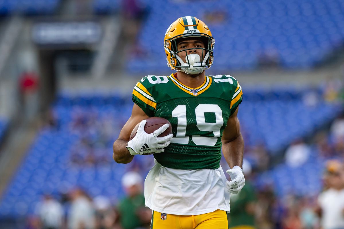 Green Bay Packers wide receiver Equanimeous St. Brown (19) warms up during the National Football League preseason game between the Green Bay Packers and Baltimore Ravens on August 15, 2019 at M&amp;T Bank Stadium in Baltimore, MD
