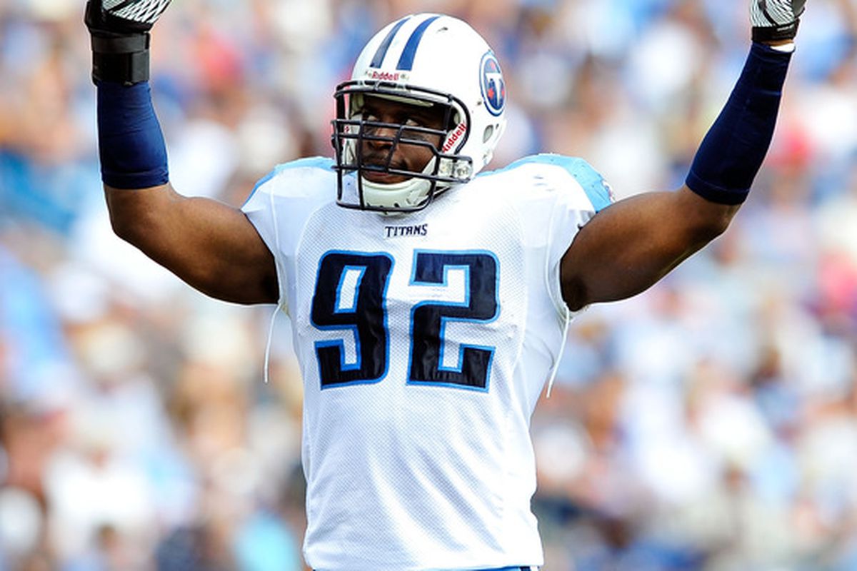 NASHVILLE, TN - SEPTEMBER 18:  Will Witherspoon #92 of the Tennessee Titans pumps up the crowd against the Baltimore Ravens at LP Field on September 18, 2011 in Nashville, Tennessee. Tennessee won 26-13.  (Photo by Grant Halverson/Getty Images)