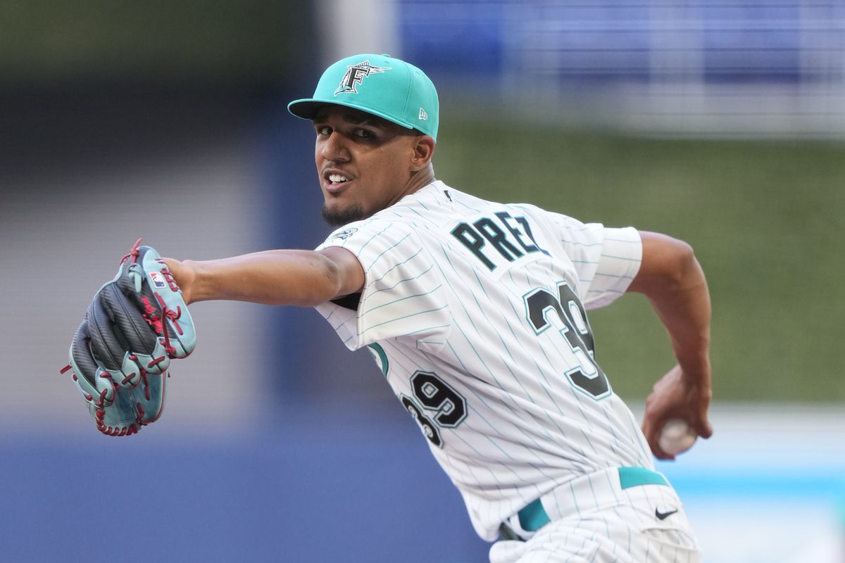 Miami Marlins starting pitcher Eury Perez (39) makes his MLB debut as he makes the start for the Marlins during the game between the Cincinnati Reds and the Miami Marlins on Friday, May 12, 2023 at LoanDepot Park, Miami, Fla.