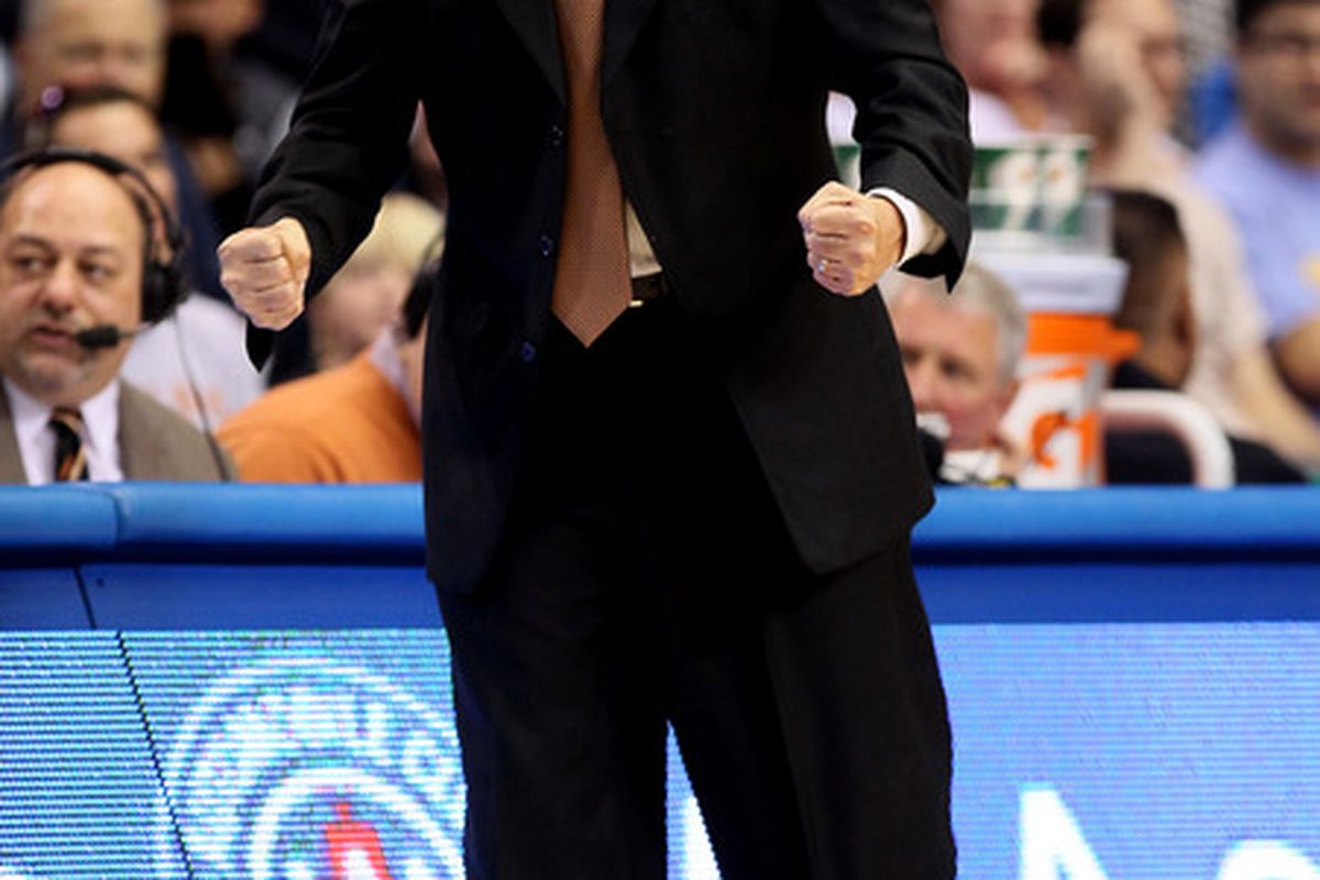 LOS ANGELES, CA - DECEMBER 03:  Head coach Rick Barnes of the Texas Longhorns shouts during the game against the UCLA Bruins at LA Sports Arena on December 3, 2011 in Los Angeles, California. Texas won 69-59.  (Photo by Stephen Dunn/Getty Images)