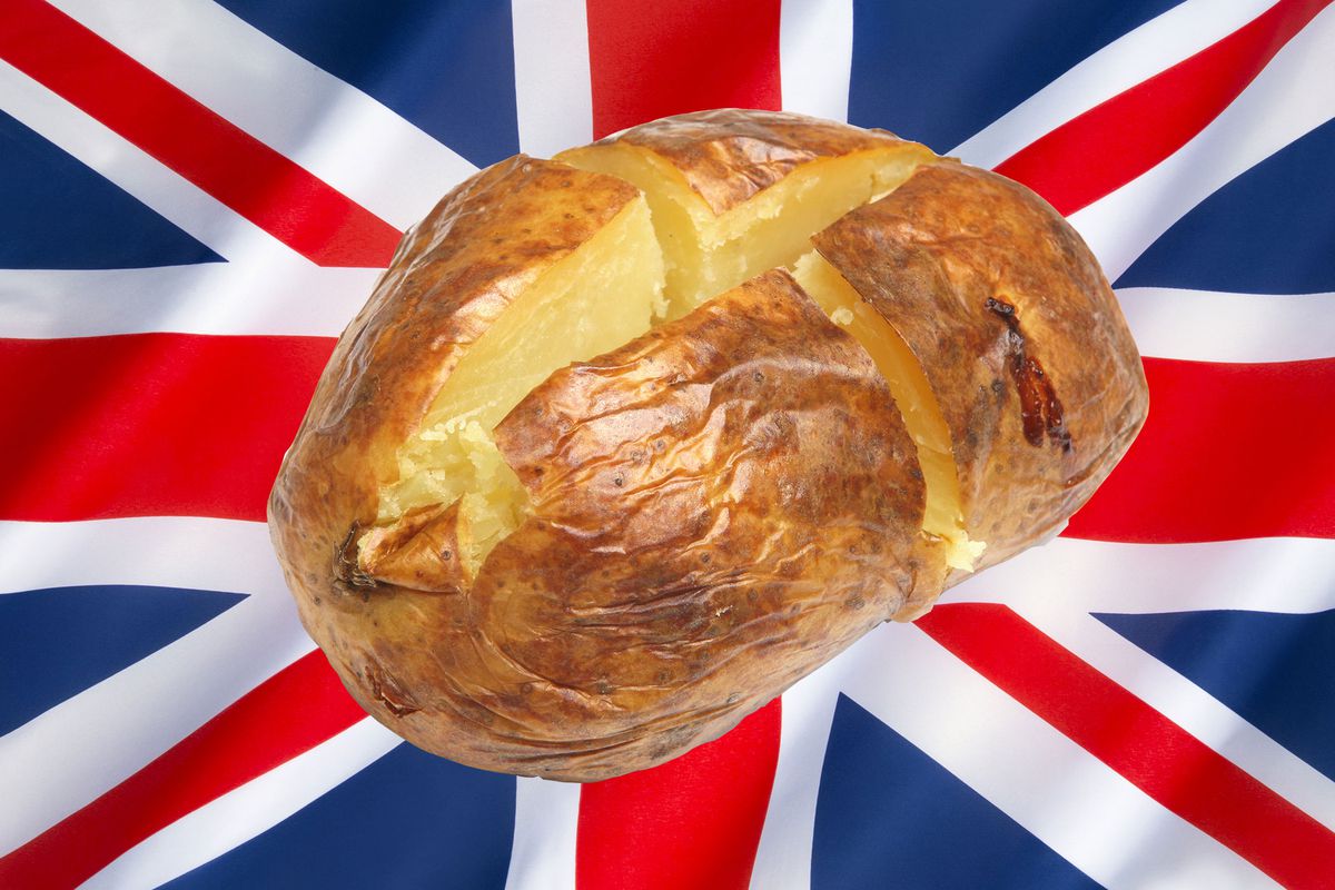A baked potato on a Union Jack background