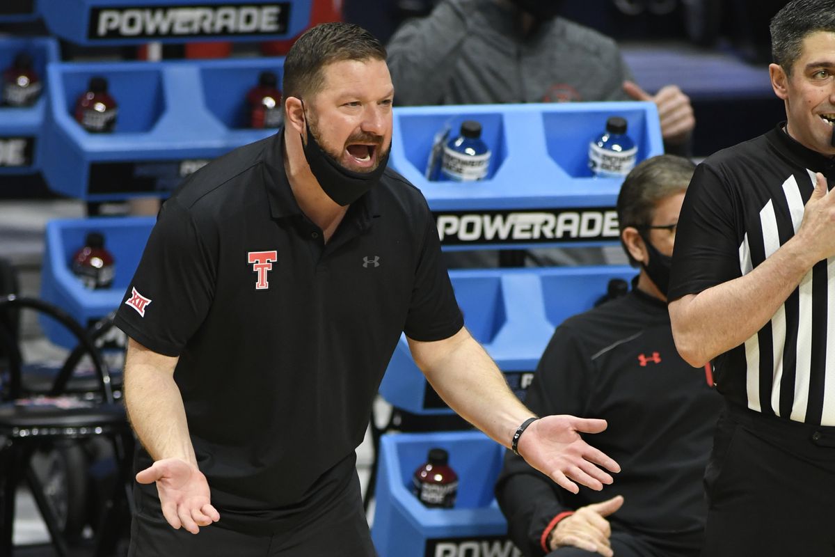 Texas Tech Red Raiders head coach Chris Beard shouts to his team during the second round of the 2021 NCAA Tournament on Sunday, March 21, 2021, at Hinkle Fieldhouse in Indianapolis, Ind.&nbsp;