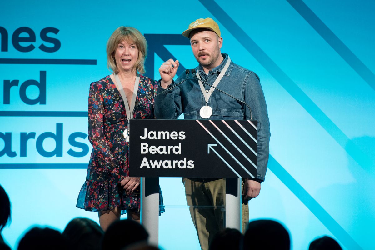 Martha Holmberg and Joshua McFadden speak at the 2018 James Beard Media Awards