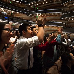 Granger High School students applaud for their classmates after performing a "Hamilton"-inspired rap at the Eccles Theater in Salt Lake City on Friday, May 4, 2018. More than 2,000 high school students attended the matinee showing and performed their own "Hamilton"-inspired performances followed by a Q&A with the "Hamilton" cast.