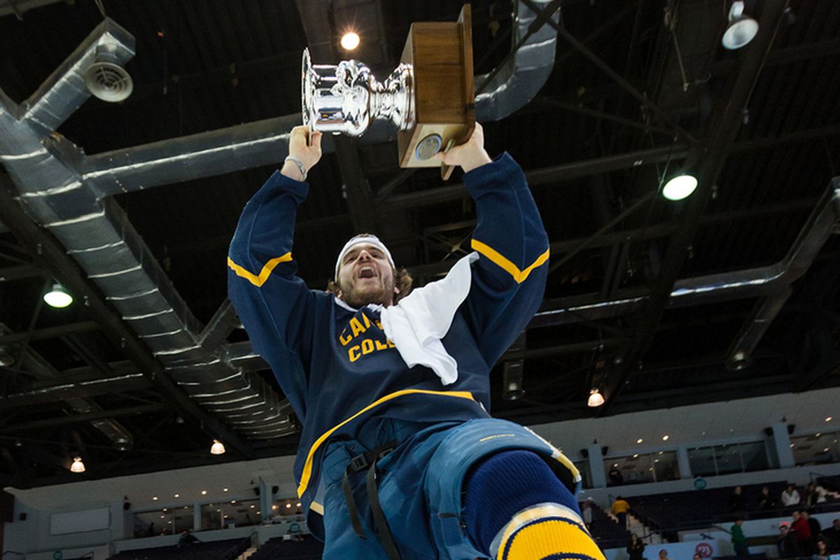 Canisius forward Kyle Gibbons celebrates his team's Atlantic Hockey Tournament Championship last March.