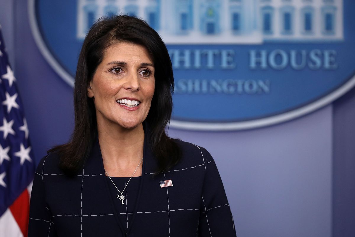 WASHINGTON, DC - APRIL 24: U.S. Ambassador to the United Nations Nikki Haley talks with reporters during the daily press briefing at the White House April 24, 2017 in Washington, DC. Haley briefed reporters about the meetings between U.S. President Donald
